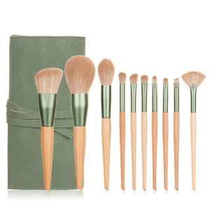 10Pcs Wood Handle Makeup Brush Set with Sage Green Travel Wrap