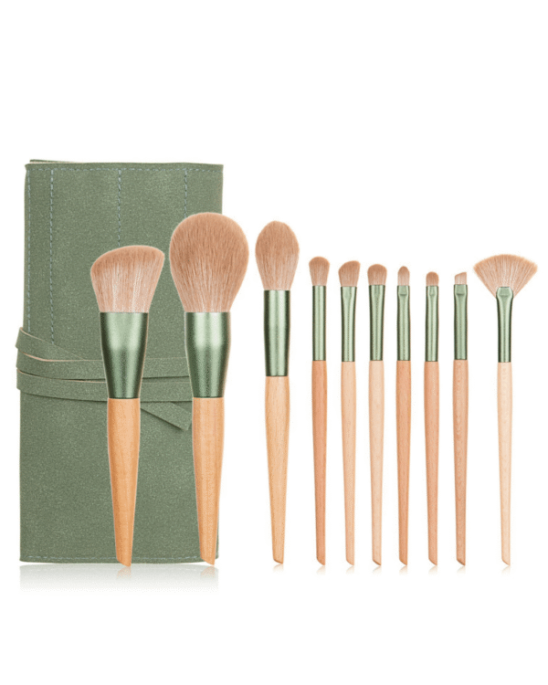 10Pcs Wood Handle Makeup Brush Set with Sage Green Travel Wrap