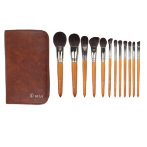 DIAS professional 12-piece makeup brush set featuring brown birch wood handles and a luxury travel case.