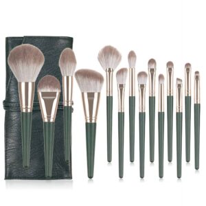 Complete 14-piece professional makeup brush set with forest green handles and matching leather travel roll