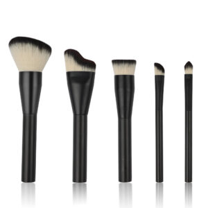 5-piece essential makeup brush set with black handles and duo-fiber bristles