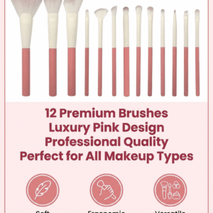Infographic of 12 premium pink makeup brushes featuring soft bristles and ergonomic handles