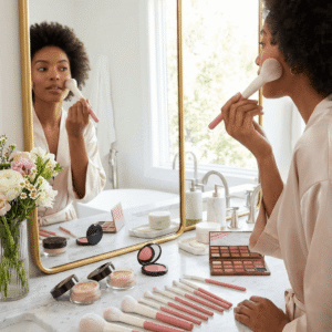 Woman applying makeup using pink makeup brush set in a luxury bathroom mirror reflection