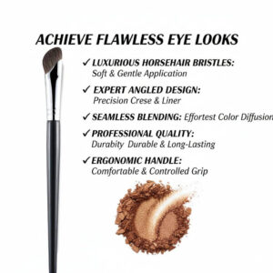 Infographic showing benefits of the angled horsehair brush for flawless eye looks