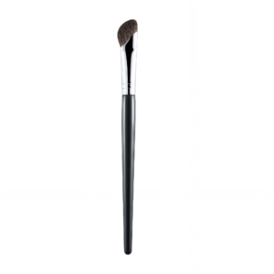Front view of a professional angled eyeshadow brush with black handle and silver ferrule