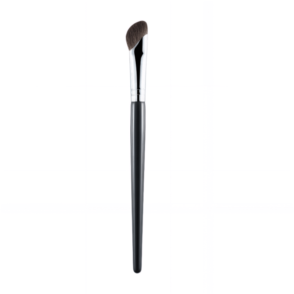 Front view of a professional angled eyeshadow brush with black handle and silver ferrule