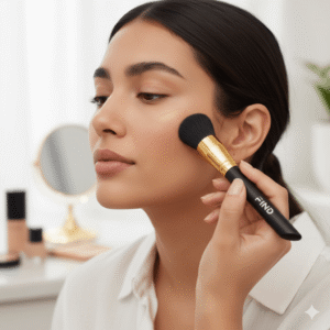 Model using a flat top brush to apply cream contour to the cheekbones