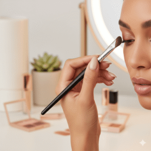 Close-up of a woman using the angled eyeshadow brush to apply pigment to the crease