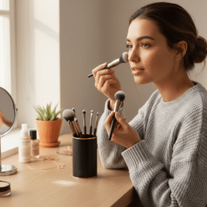 A woman applying face powder using a soft synthetic brush from the professional 11-piece kit