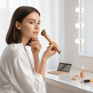 Woman using an angled bamboo foundation brush for streak-free liquid foundation application