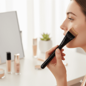 Woman using an S-shaped brush to apply liquid foundation on cheek