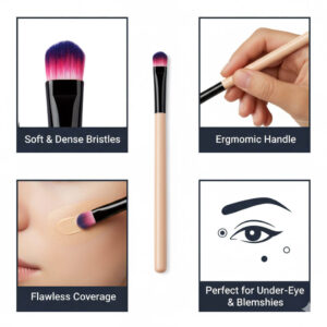 Infographic showing soft dense bristles and ergonomic handle of the concealer brush