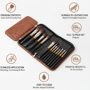 Infographic showing DIAS 12-piece makeup brush set features including PU leather case and cruelty-free bristles.