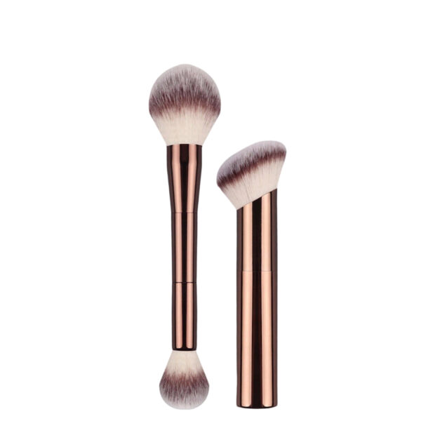 Professional 2-piece dual-ended and angled kabuki makeup brush set in rose gold