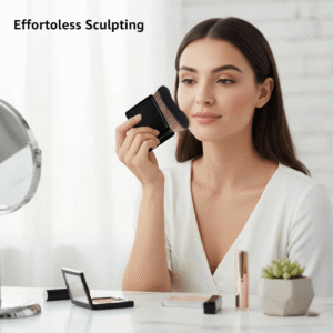 Woman using the ergonomic contour brush for effortless face sculpting