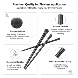 Close up of durable ferrules and ergonomic handles of eye makeup brushes