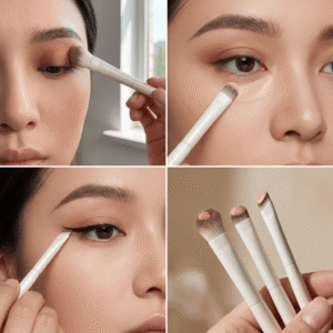 Eye makeup brush application for eyeshadow blending and precise eyeliner