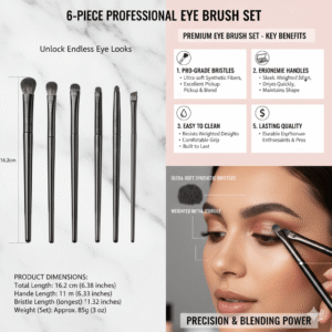 Features of professional eye brush set including synthetic bristles and wood handles