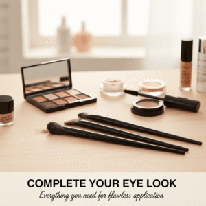 Professional eye makeup brushes on a vanity with eyeshadow palettes