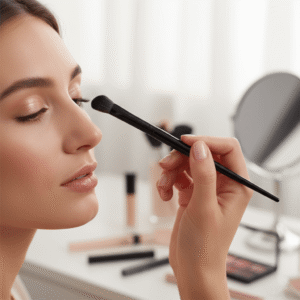 Woman applying eyeshadow using a professional synthetic blending brush