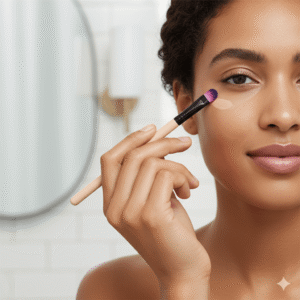 Close-up of a model applying concealer for flawless coverage using the detail brush