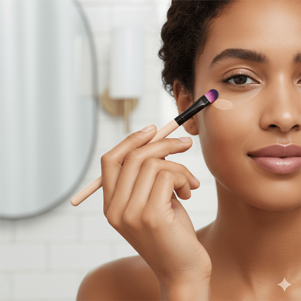 Close-up of a model applying concealer for flawless coverage using the detail brush
