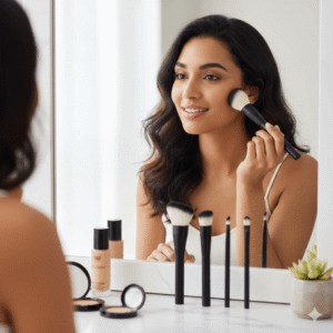 Woman using a professional black synthetic brush for flawless cheek makeup