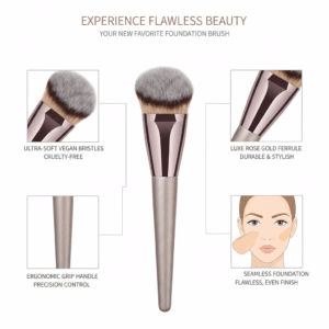 Infographic showing vegan bristles and rose gold ferrule of the foundation brush
