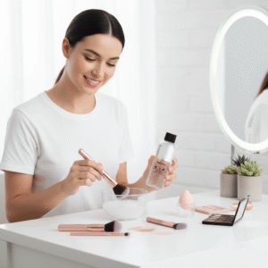 A woman demonstrating how to clean a makeup brush in a bowl with cleanser