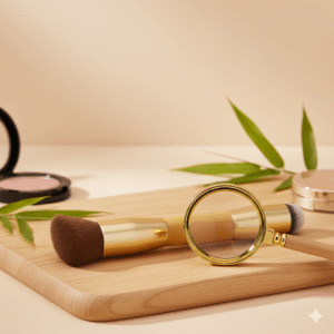 Close-up of a high-quality bamboo handle and gold ferrule makeup brush on a wooden board