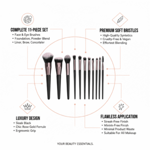 Infographic of the 11-piece makeup brush set highlighting vegan synthetic bristles and ergonomic wooden grip
