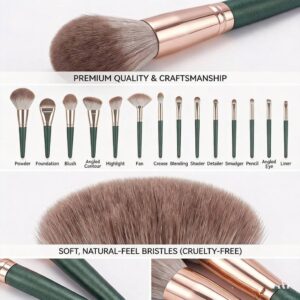 Annotated guide showing 14 different makeup brushes including powder, foundation, and eye brushes