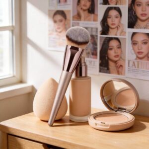 Professional foundation brush on a vanity next to liquid foundation and powder