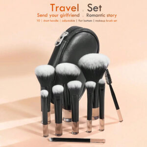 Professional travel makeup brush set standing with its black PU leather pouch