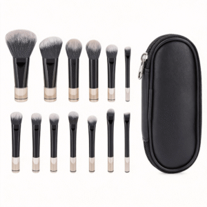 10-piece professional mini makeup brush set with black handles and travel case