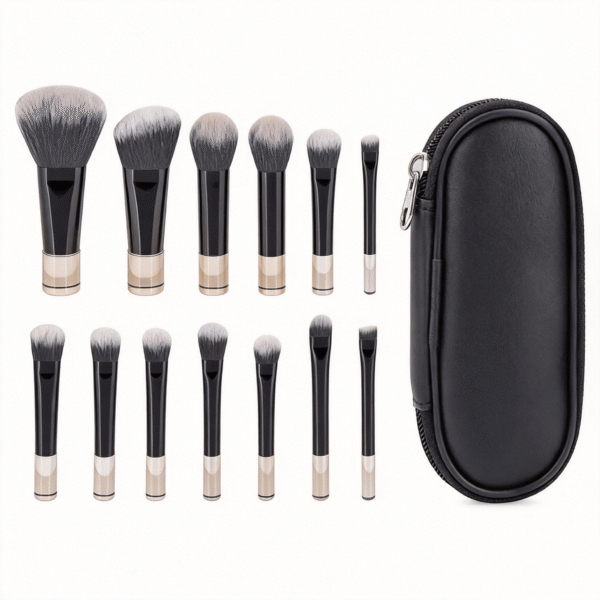 10-piece professional mini makeup brush set with black handles and travel case