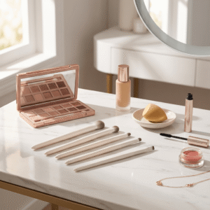 Minimalist white eye brush kit on marble vanity with eyeshadow palette