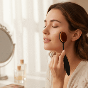 Side view of a toothbrush-style oval makeup brush showing the ergonomic curved handle