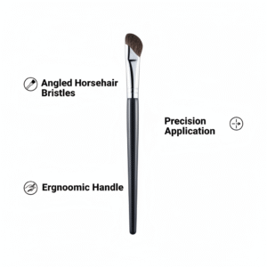 Features of the professional angled eyeshadow brush including horsehair bristles and ergonomic handle