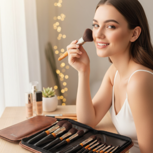 A professional makeup artist using DIAS premium synthetic brushes for a flawless eye makeup application