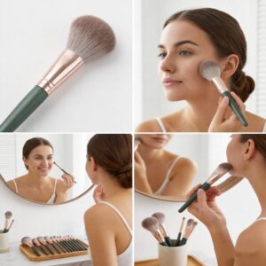 Lifestyle collage showing a woman using the green makeup brushes for blush and foundation application