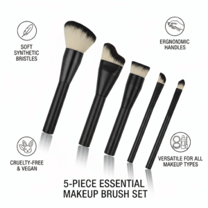 Infographic of the 5-piece makeup brush set highlighting soft synthetic bristles, ergonomic handles, and cruelty-free vegan materials