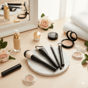 Professional black synthetic makeup brushes arranged on a marble vanity