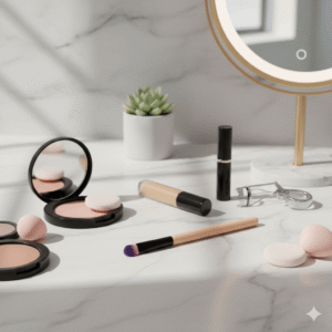 Precision concealer brush on a marble vanity next to other makeup products
