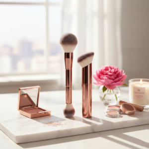 2-piece rose gold makeup brush set displayed on a marble vanity with cosmetics