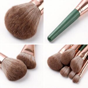 Close-up details of soft synthetic bristles, rose gold ferrules, and green wooden handles