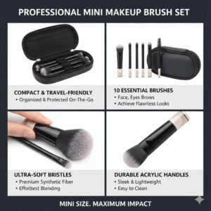 Infographic showing compact travel-friendly makeup brushes with acrylic handles