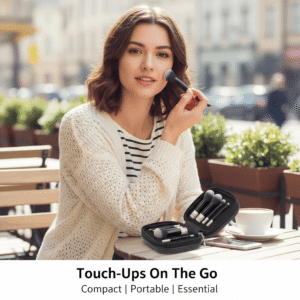 Woman using a mini makeup brush for touch-ups while sitting at an outdoor cafe