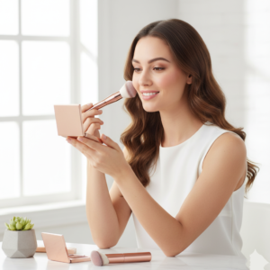 Beautiful woman using a dual-ended makeup brush to apply powder to her cheek.