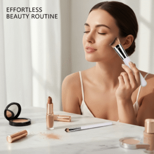 Model applying liquid foundation with a professional angled makeup brush for a flawless